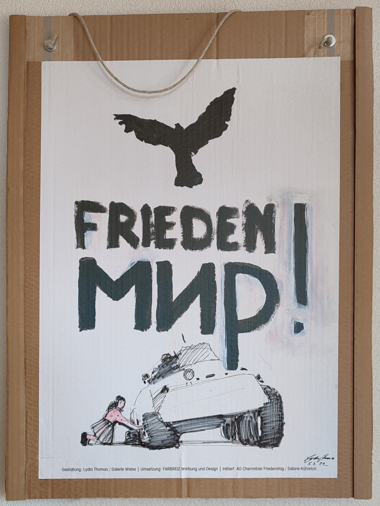 Plakat Frieden mit Panzer auf Pappe